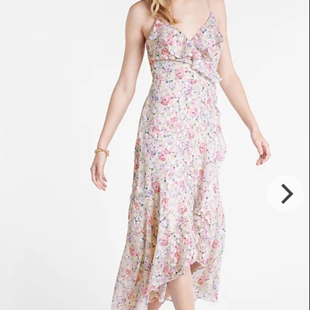 Express Floral Faux Wrap Ruffle Midi High Low Tank Dress Coquette Cottage S22